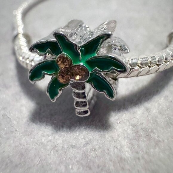 Silver Tone Palm Tree Charm Bracelet Enamel Green Coconuts Rhinestones Women - Picture 5 of 9